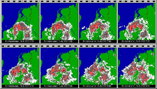 Radar-images of precipitation; 24-aug-2002; 06:00 - 09:30h